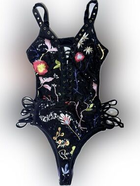 Fashion Nova Black Floral Sequin Lace-Up One-Piece
